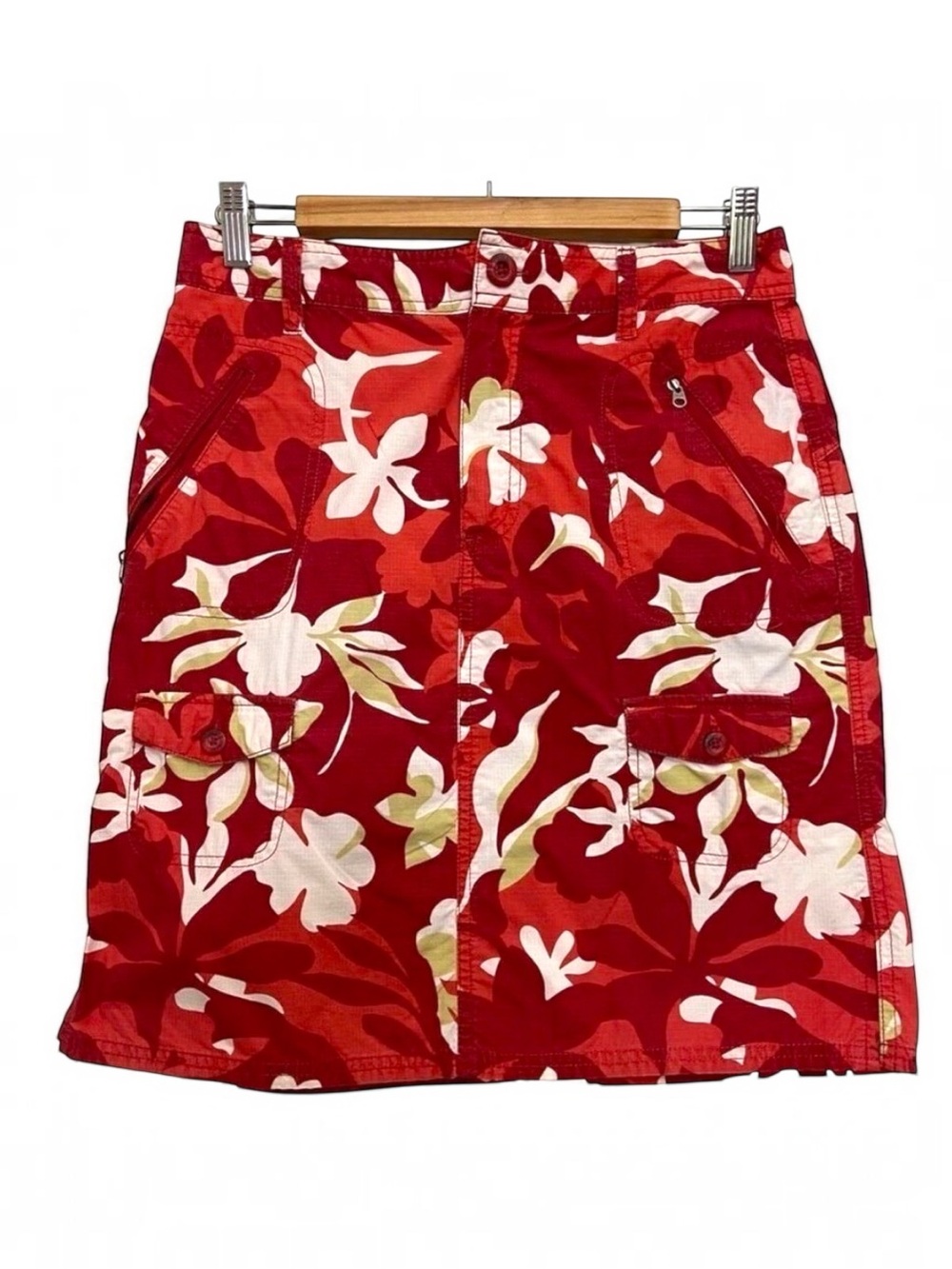 COLUMBIA cotton skirt red orange white green floral pattern pockets size 8